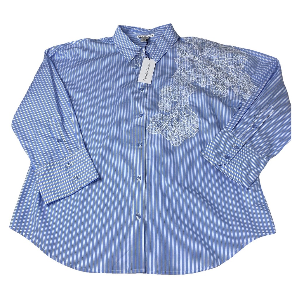 Christian Lacroix Women's Medium Blue Striped Button Up Shirt Lace Floral Accent